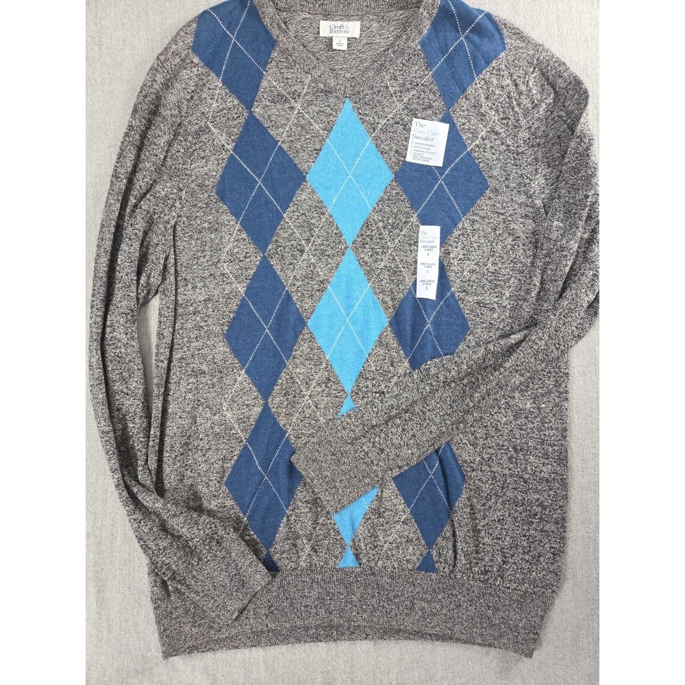 Croft & Barrow Easy Care Sweater Mens L Argyle Pullover V Neck Preppy Career NEW